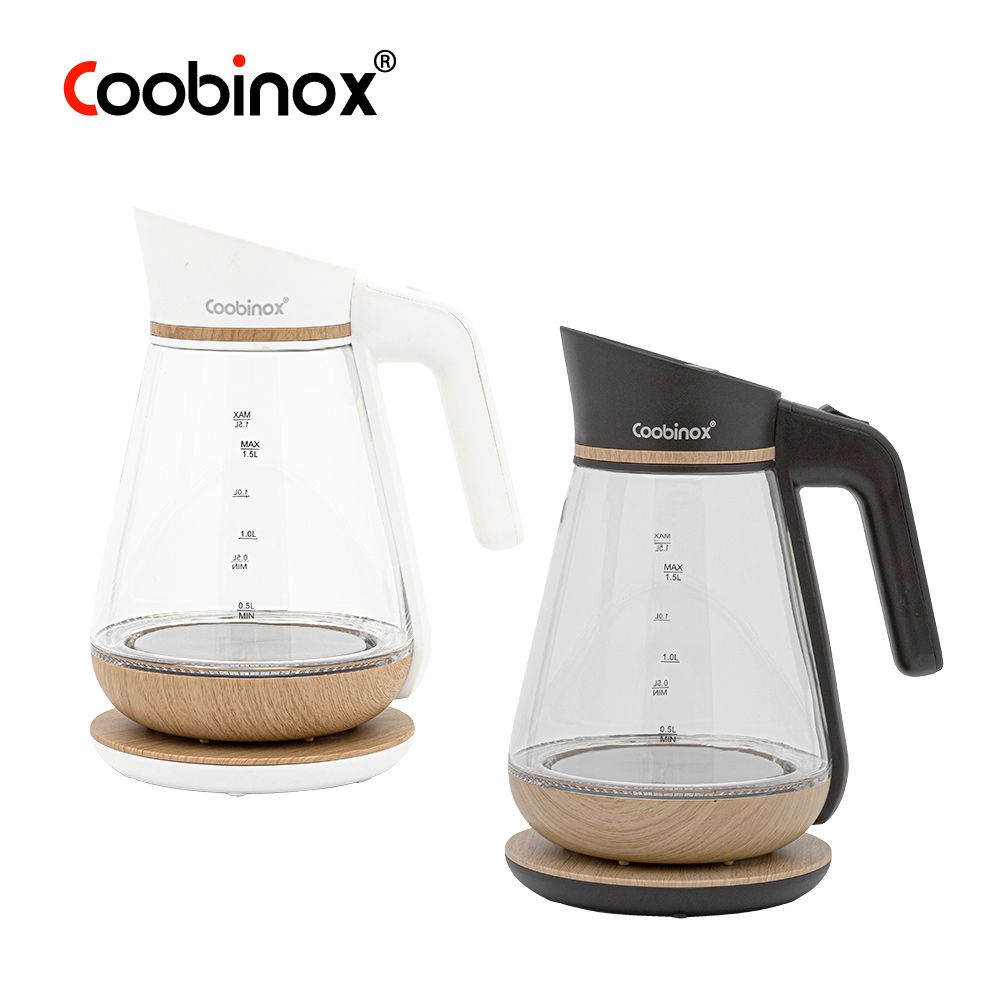 Coobinox® 1.5L Classic Glass Electric Kettle (CX-208T) - Wood Accent Design with Stainless Steel Filter & Fast Boiling